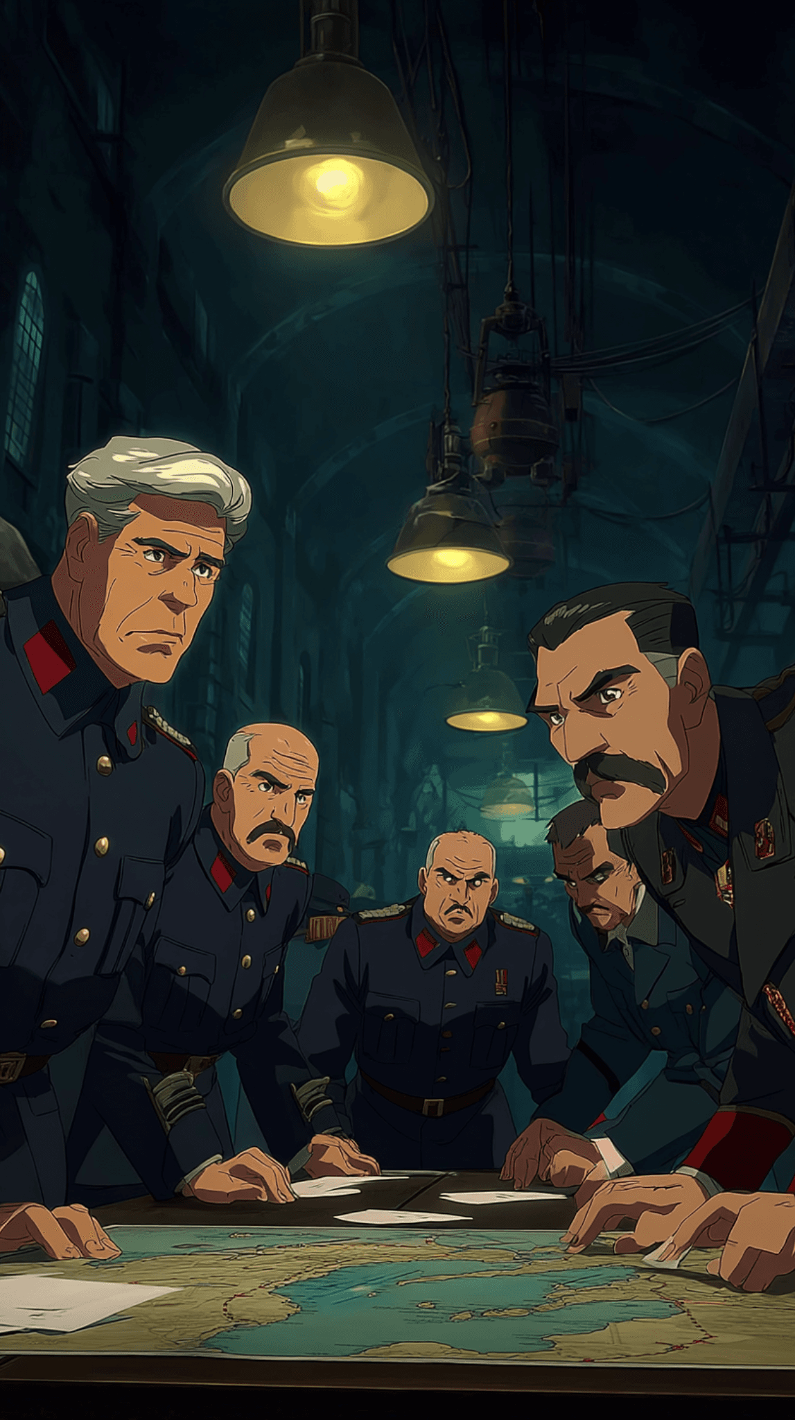 AI-illustrated officers gathered around a map